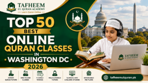 A student taking online Quran classes on a laptop at home,Representing the best online Quran academies in Washington DC