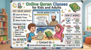 Child and adult attending an online Quran class together with a tutor on a laptop screen