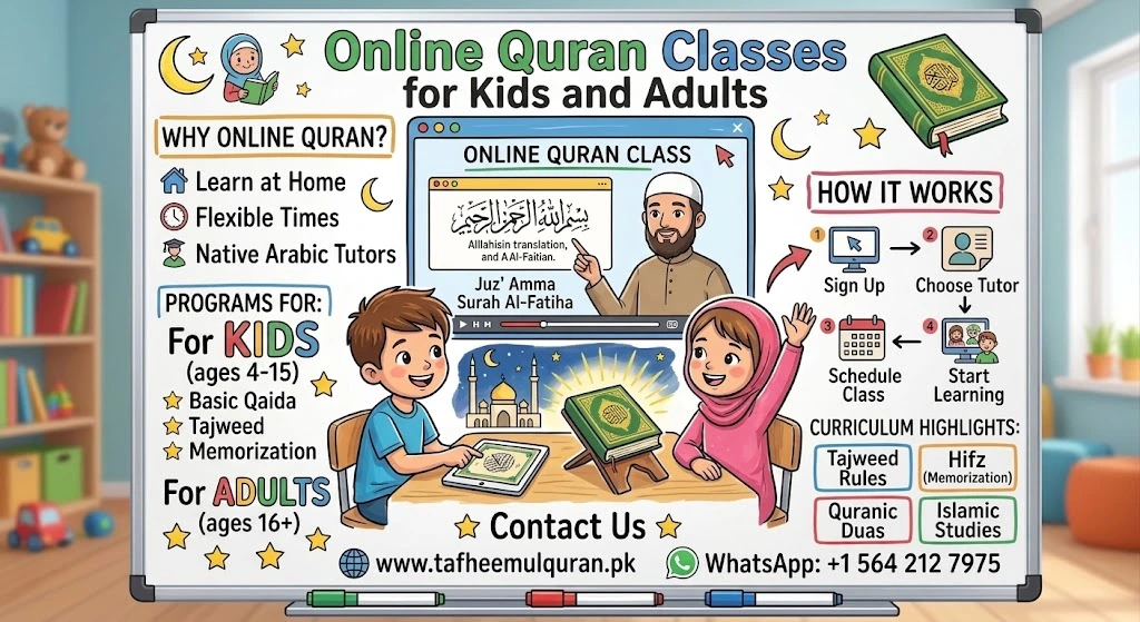 Child and adult attending an online Quran class together with a tutor on a laptop screen