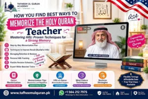 Muslim student memorizing the Holy Quran during a live online Hifz class with a certified teacher