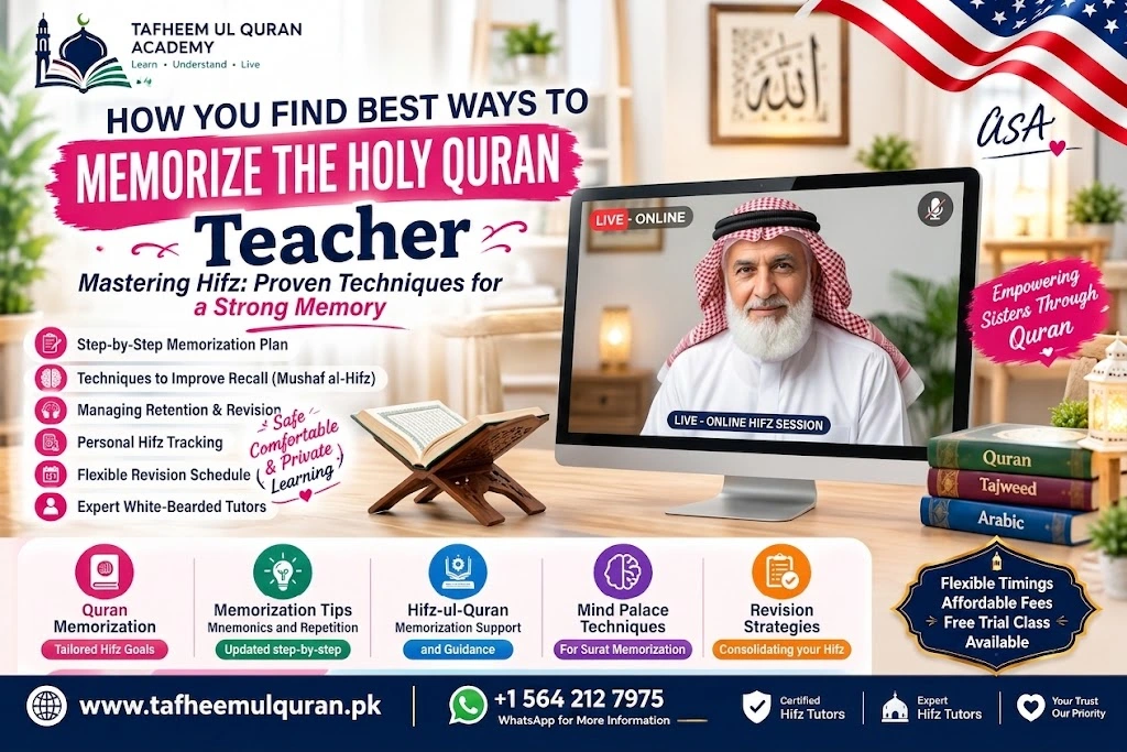 Muslim student memorizing the Holy Quran during a live online Hifz class with a certified teacher