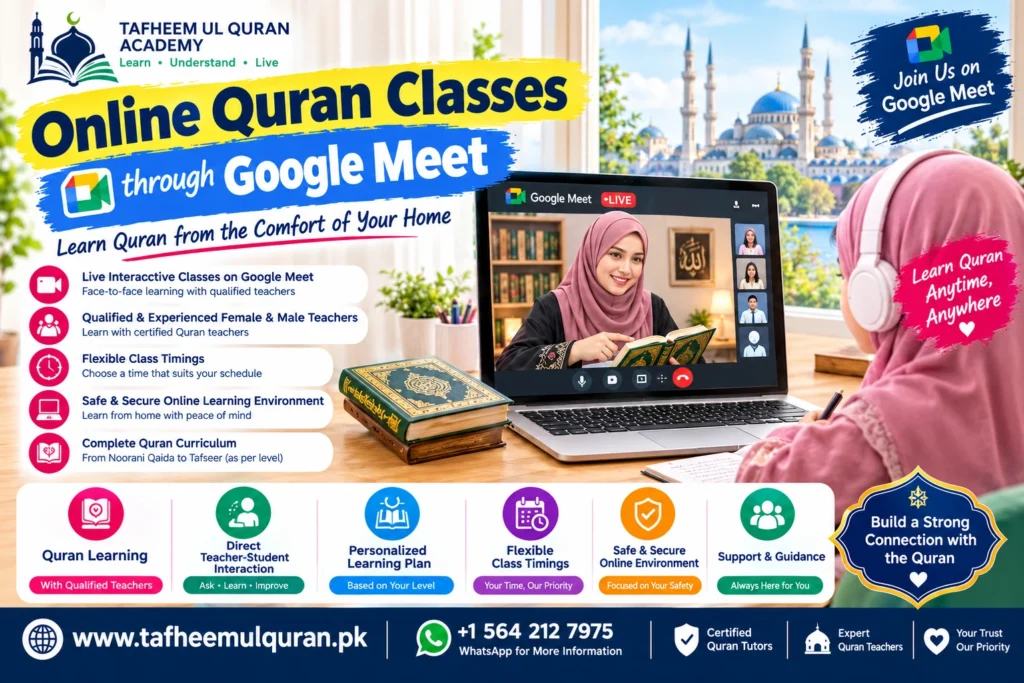 Child attending online Quran classes through Google Meet with a live Quran tutor on laptop screen