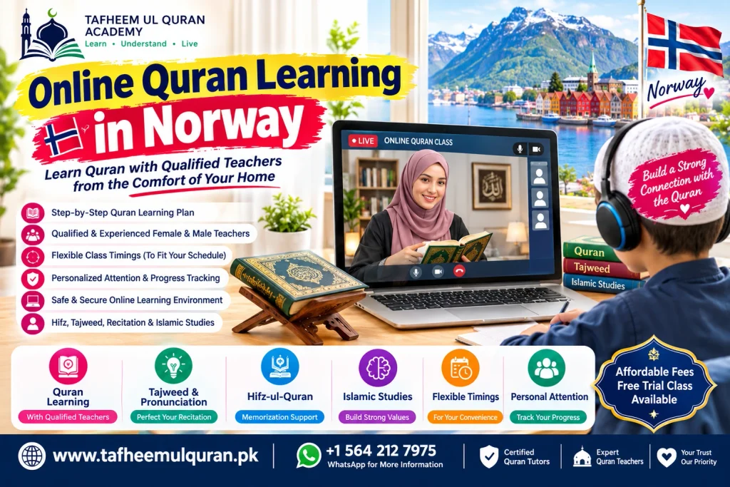 Child learning online Quran classes in Norway with a Quran teacher on a laptop at home