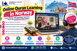 Child learning online Quran classes in Norway with a Quran teacher on a laptop at home
